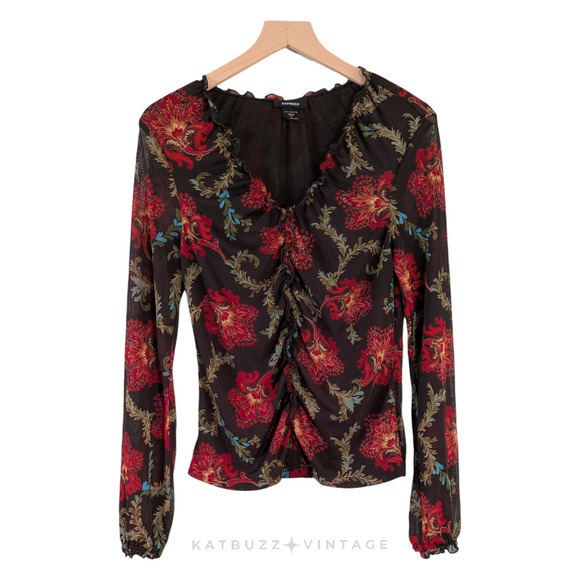 Y2K Express Mesh Top L Brown Red Floral Fairy Grunge Whimsigoth Ruffle Long Slv - Picture 1 of 11